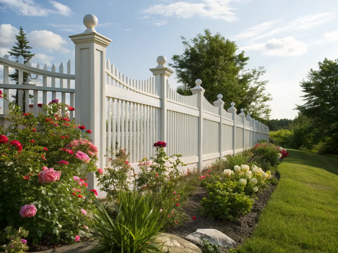 A vibrant image of a newly installed vinyl fence surrounding a well-maintained garden, highlighting the aesthetic appeal and durability of the materials used by H.M.K Master Landscaping & Fencing.
