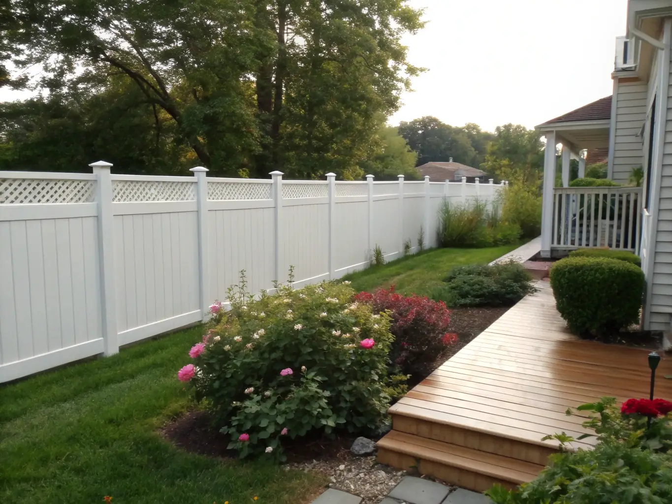 A clean, white vinyl fence encloses a backyard, highlighting its low-maintenance and modern design.