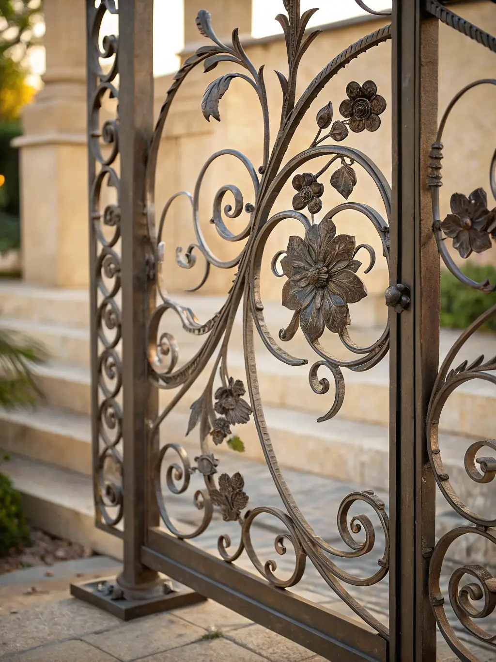 A decorative wrought iron fence surrounding a garden, adding elegance and security to the landscape.