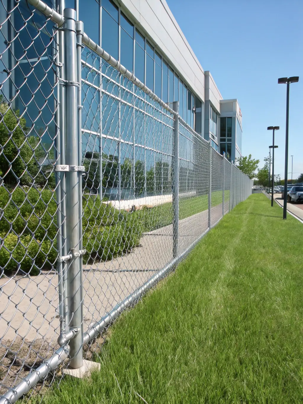 A durable and secure chain-link fence surrounding a commercial property, providing a cost-effective security solution.