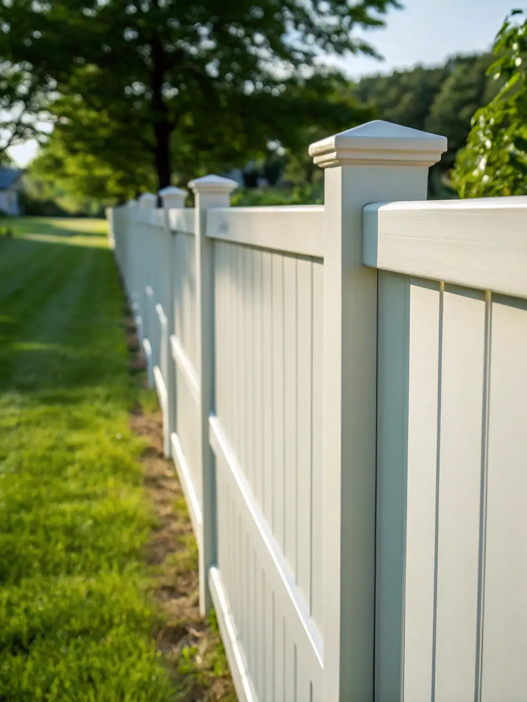 A modern vinyl fence in a backyard setting, showcasing its clean lines, low maintenance, and enhanced privacy.