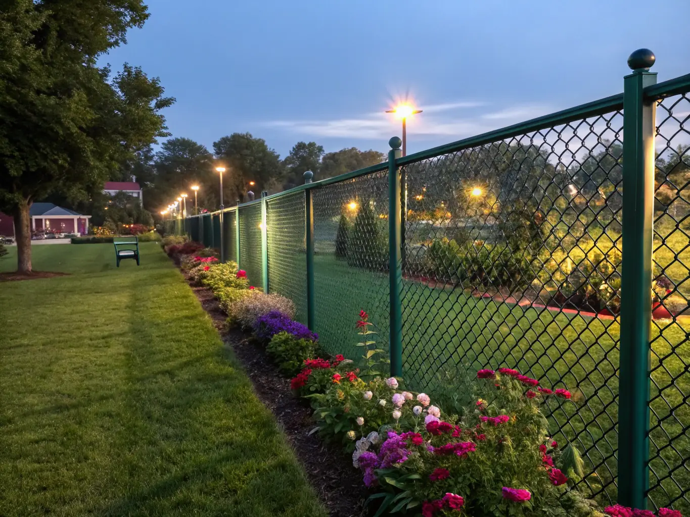 A sturdy chain-link fence surrounds a commercial property, providing security and clear boundary definition.